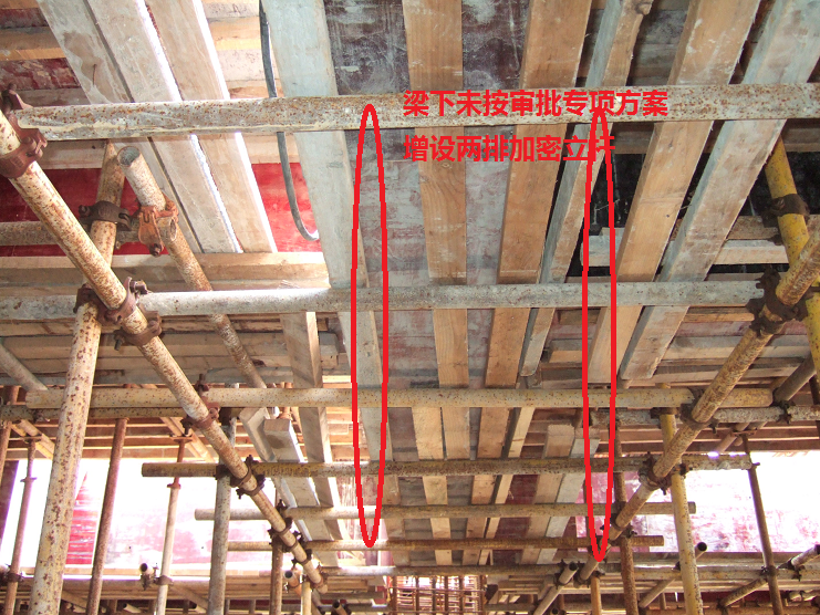 (1)规定:立杆间距应符合设计和规范要求; 存在问题 主梁未按审批专项